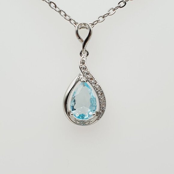 Elegant Water Drop Zircon Light Blue Hollow Pear Silver Plated Necklace,EVGG1011 - Picture 7 of 9